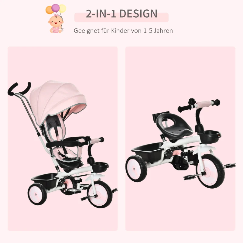 HOMCOM 2 in 1 driewieler kinderwagen omkeerbaar verstelbaar afneembaar handvat luifel leuning opbergen voetsteun koppeling PP kunststof metaal fluweelachtig polyester roze + wit 100 x 48 x 106 cm