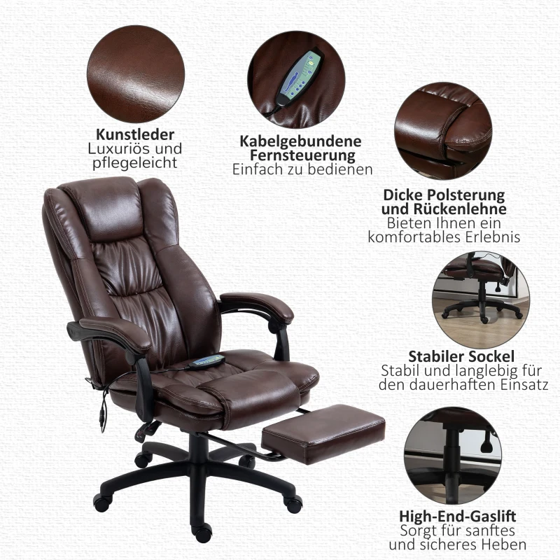 Vinsetto bureaustoel stoel directiestoel draaibare stoel met massagefunctie ligfunctie kunstleer schuimstof PP kunststof nylon bruin 68,5 x 68,5 x 119-127 cm(m-8)