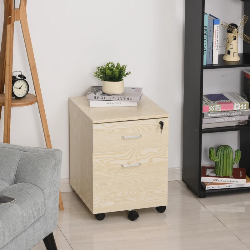 Vinsetto ladeblok archiefkast kantoorcontainer met 2 lades 2 sleutels kantoorkast opbergruimte, ladeblok 5 universele wielen spaanplaat naturel 40 x 44 x 54,6 cm