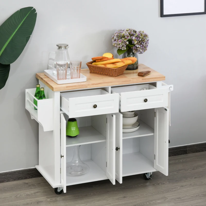 HOMCOM keukenkast keukenmeubel met zwenkwielen lade en verstelbare plank rubber hout MDF spaanplaat wit 111 x 44,5 x 82,5 cm