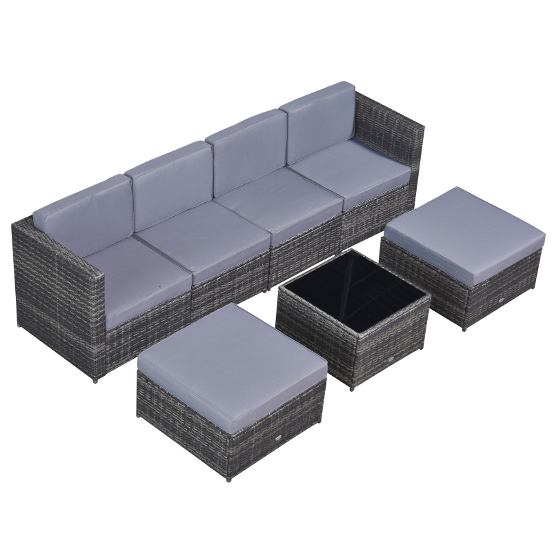 Outsunny 7-tlg. Polyrattan Gartengarnitur Gartenmöbel Garten-Set Sitzgruppe Loungeset Loungemöbel inkl. Fußhocker Sitzkissen Grau Stahl + Polyester 58 x 58 x 37 cm