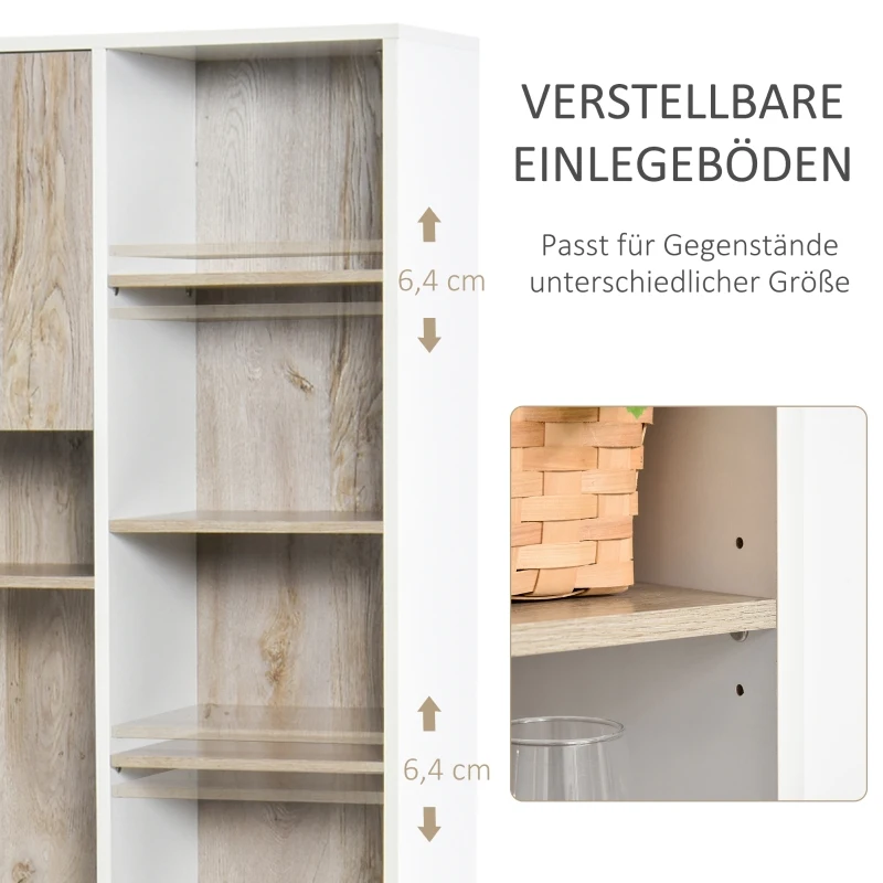 HOMCOM keukenkast met 4 verstelbare schappen open vakken magnetronschap hoge kast met lage opbergkast en 2 schuiflades commode spaanplaat metaal naturel hout + wit 100 x 39 x 180 cm