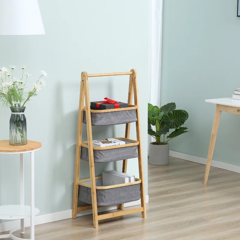 HOMCOM staande plank opbergplank boekenplank bamboe plank 3-laags kantoorplank keukenplank opvouwbaar voor de woonkamer keuken badkamer kantoor bamboe naturel + donkergrijs 45 x 31,5 x 108 cm