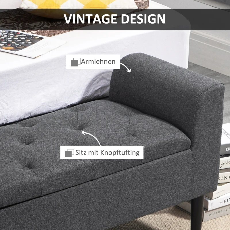 HOMCOM bank met opbergruimte gestoffeerde bank ottoman ottoman belastbaar tot 130 kg nachtkastje linnen-achtig polyester rubber hout donkergrijs + zwart 116 x 44 x 58 cm(m-6)