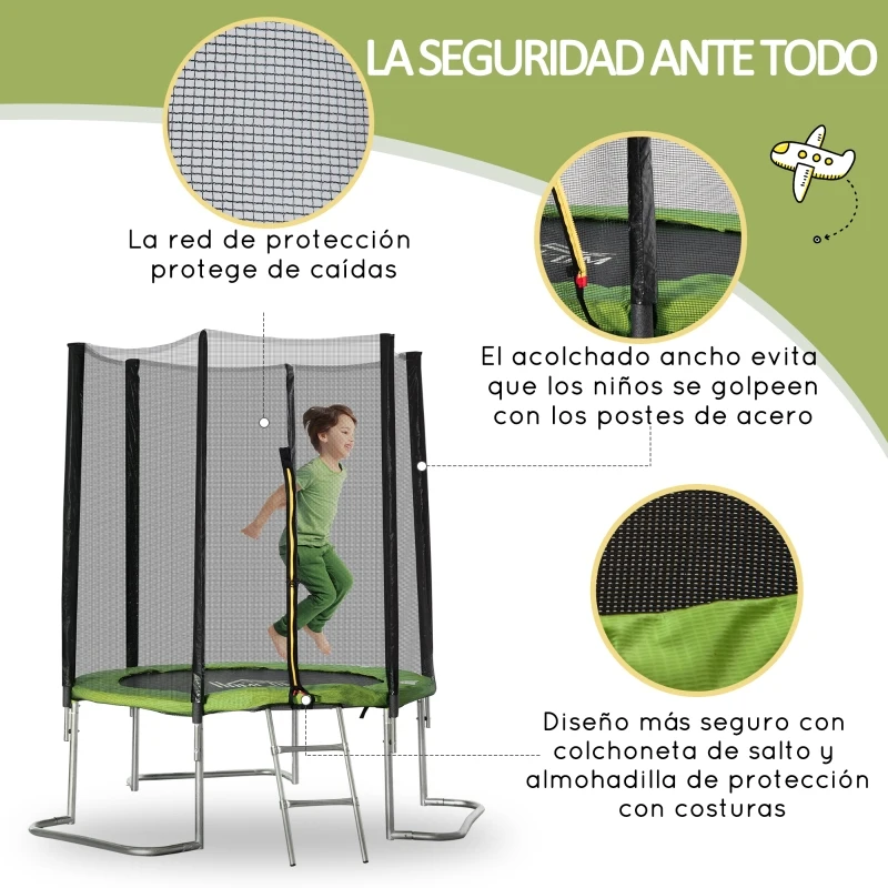 HOMCOM Cama Elástica de Jardín Ø183 cm Trampolín para Niños Adultos con Superficie de Salto Red de Seguridad Cubierta de Bordes y Escalera para Interior Exterior Verde