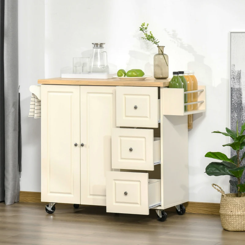 HOMCOM keukenwagen keukeneiland met werkblad zwenkwielen lade en verstelbare plank keukenkast rubber hout MDF wit + naturel 111,5 x 45-75 x 89 cm