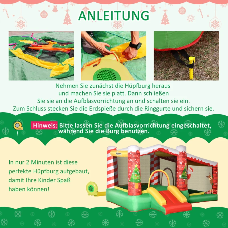 Outsunny kerstmis opblaasbaar springkasteel met waterbassin trampoline kleine glijbaan voor 3 kinderen springkasteel met blazer voor 3-8 jaar kleuterschool Oxford stof polyester rood + groen 325 x 270 x 175 cm