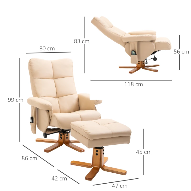 HOMCOM massagestoel met ottoman relaxstoel TV-stoel TV-stoel 145 ° helling kunstleer crèmewit 80 x 86 x 99 cm