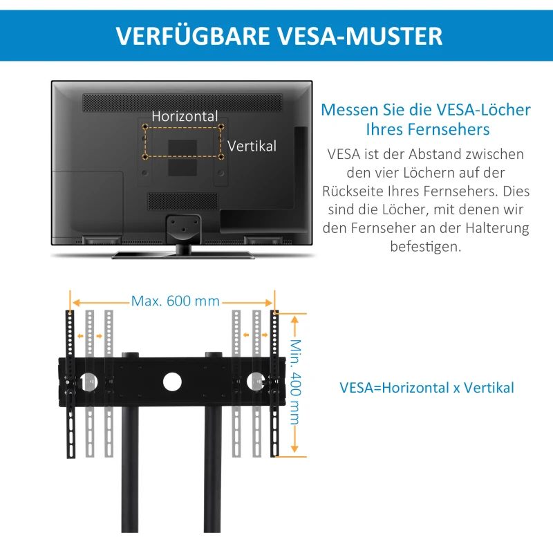 HOMCOM verrijdbaar tv-meubel met wielen universele verrijdbare trolley Tv-meubel met verstelbare hoogte ultra stabiele beugel tv-tafel metaal zwart 85,5 x 73 x 170 cm
