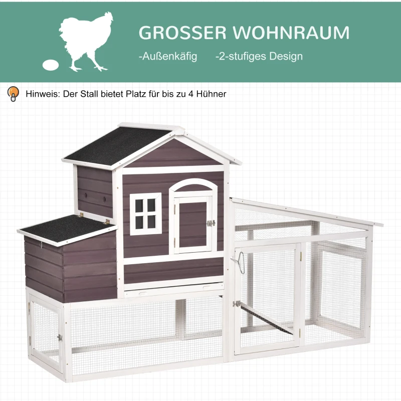 PawHut kippenhok met uitloop nestkast kippenhok pluimveestal met stang massief hout donkerrood 200 x 73,5 x 130 cm