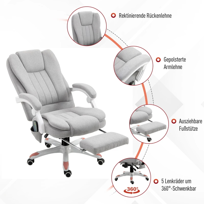 Vinsetto massagestoel, bureaustoel, gamestoel, polyester, schuimstof, nylon, grijs, 66 x 63 x 107-115 cm