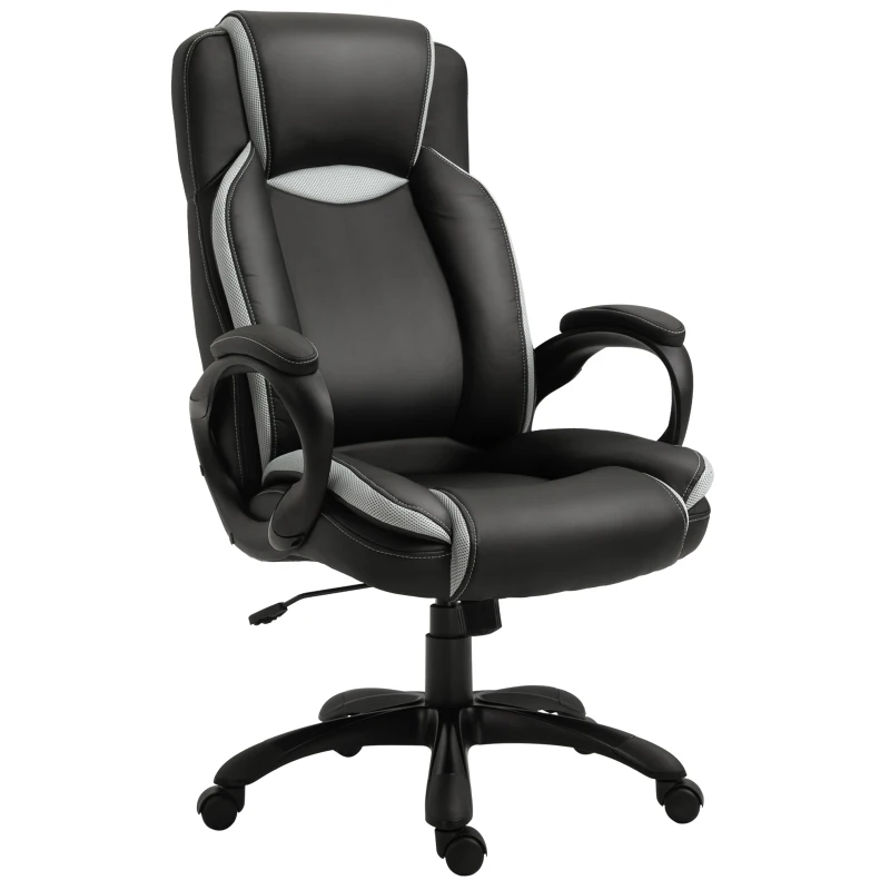 Vinsetto ergonomische bureaustoel, gaming stoel, draaistoel, kunstleer, schuimstof, nylon, mesh-stof, zwart, wit, 67 x 75 x 116,5-126 cm