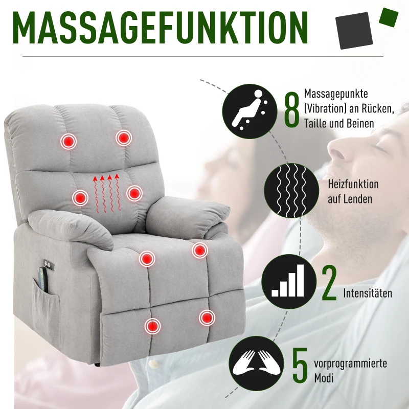HOMCOM massagestoel opstahulp relaxstoel met verwarmingsfunctie verstelbare hoek USB afstandsbediening kort pluche grijs 83 x 95 x 105 cm(m-5)