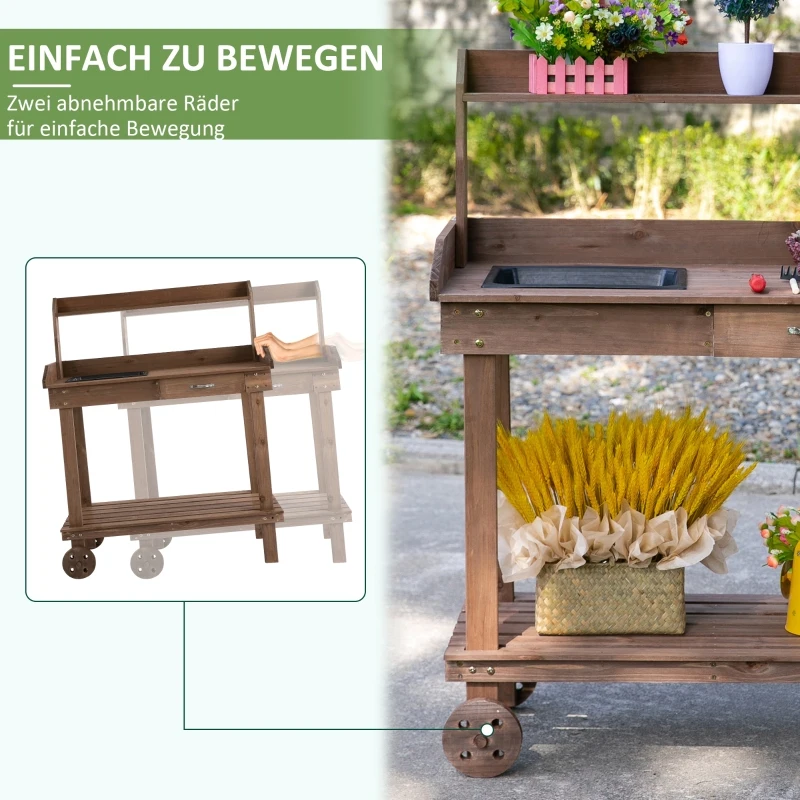 Outsunny plantentafel met schuiflade, 2 niveaus tuintafel met gootsteen en wielen, tuin, dennenhout bruin 92 x 45 x 119 cm