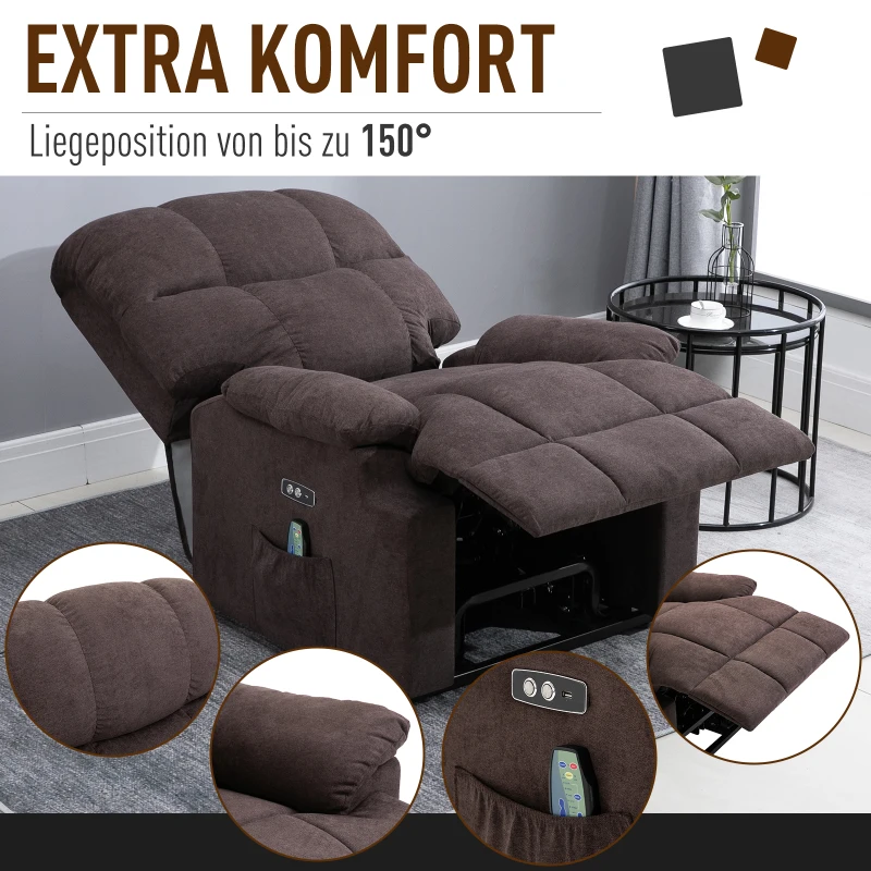 HOMCOM massagestoel opstahulp relaxstoel met verwarmingsfunctie verstelbaar USB-afstandsbediening kort pluche bruin 83 x 95 x 105 cm(m-6)