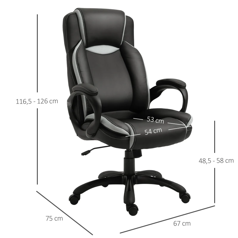 Vinsetto ergonomische bureaustoel, gaming stoel, draaistoel, kunstleer, schuimstof, nylon, mesh-stof, zwart, wit, 67 x 75 x 116,5-126 cm