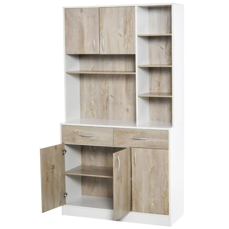 HOMCOM keukenkast met 4 verstelbare schappen open vakken magnetronschap hoge kast met lage opbergkast en 2 schuiflades commode spaanplaat metaal naturel hout + wit 100 x 39 x 180 cm