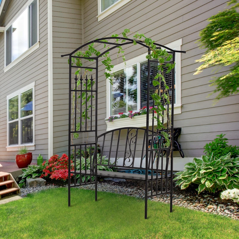 Outsunny plantenboog met bank zitbank boog trellis rooster tuin gewelfd dak metaal zwart 152 x 58 x 207 cm