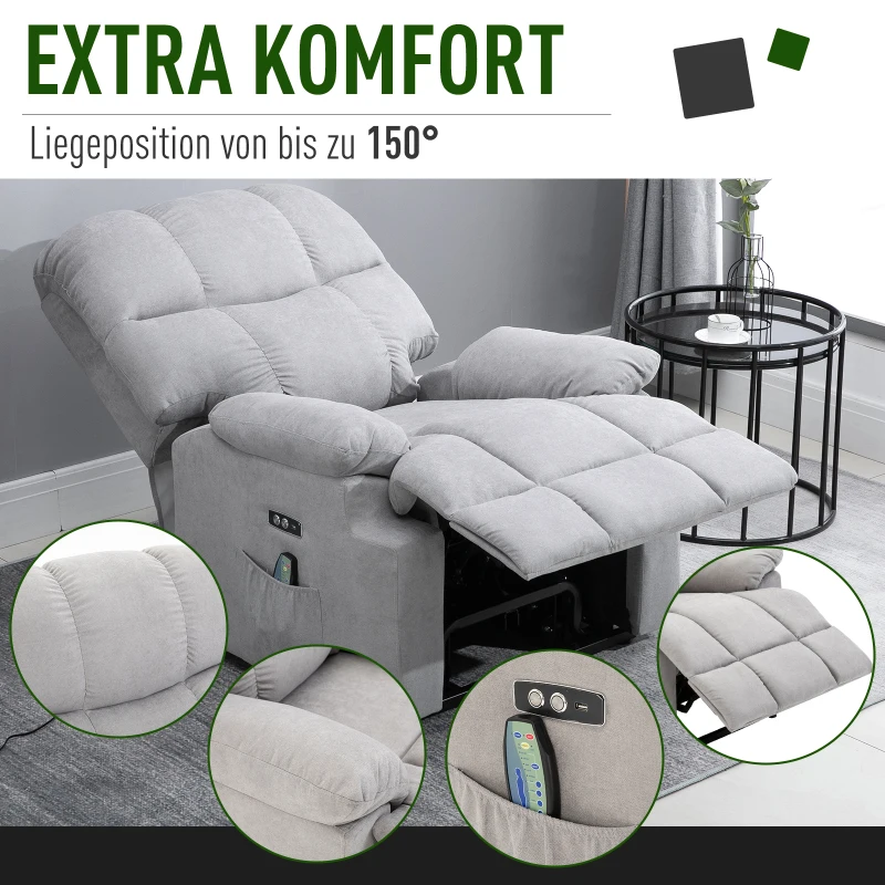 HOMCOM massagestoel opstahulp relaxstoel met verwarmingsfunctie verstelbare hoek USB afstandsbediening kort pluche grijs 83 x 95 x 105 cm(m-6)