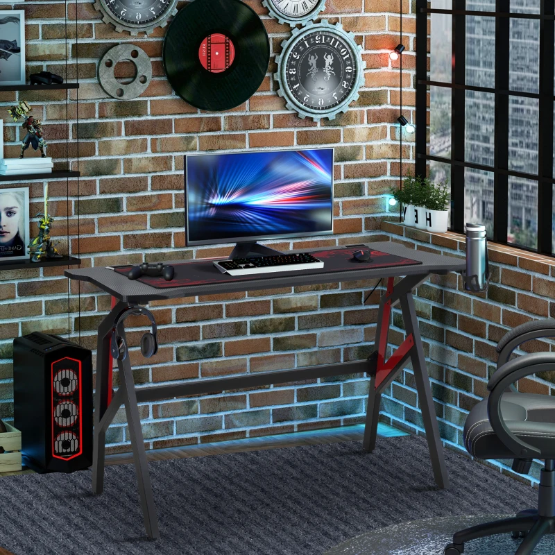 HOMCOM Gamingtafel bureau met koptelefoonhaak bekerhouder R-vormige computertafel MDF metaal zwart + rood 120 x 58 x 75 cm