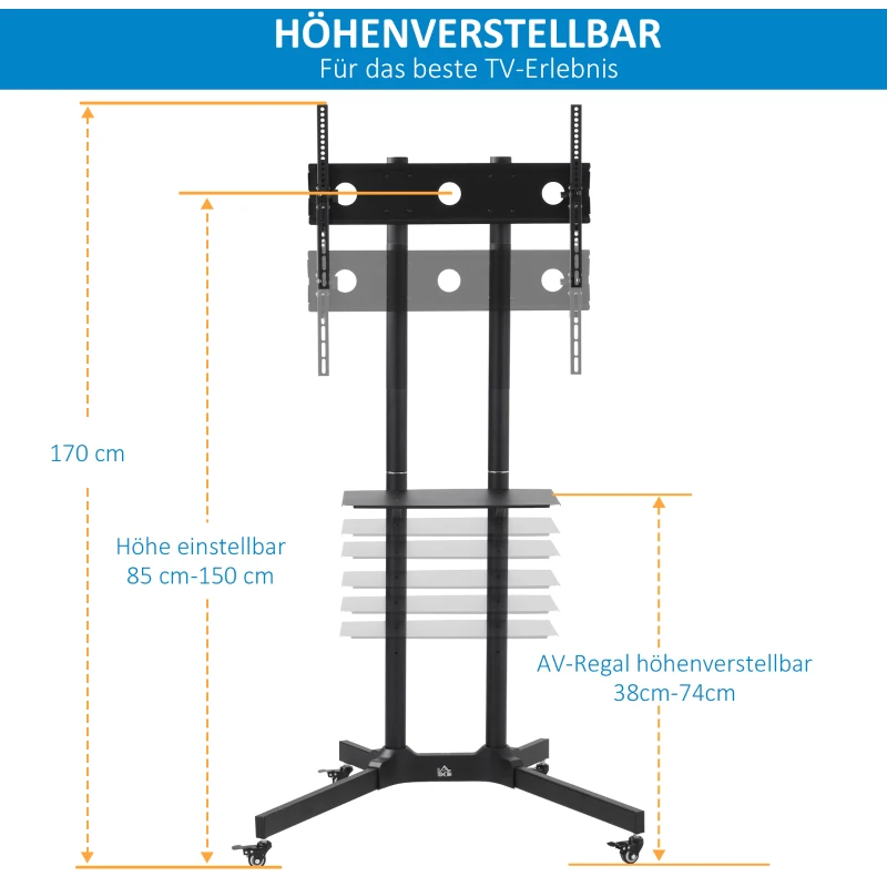 HOMCOM verrijdbaar tv-meubel met wielen universele verrijdbare trolley Tv-meubel met verstelbare hoogte ultra stabiele beugel tv-tafel metaal zwart 85,5 x 73 x 170 cm