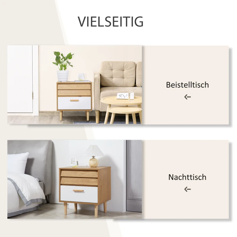HOMCOM bijzettafel nachtkastje gang ladekast met lades MDF wit + naturel 50 x 39,5 x 55 cm