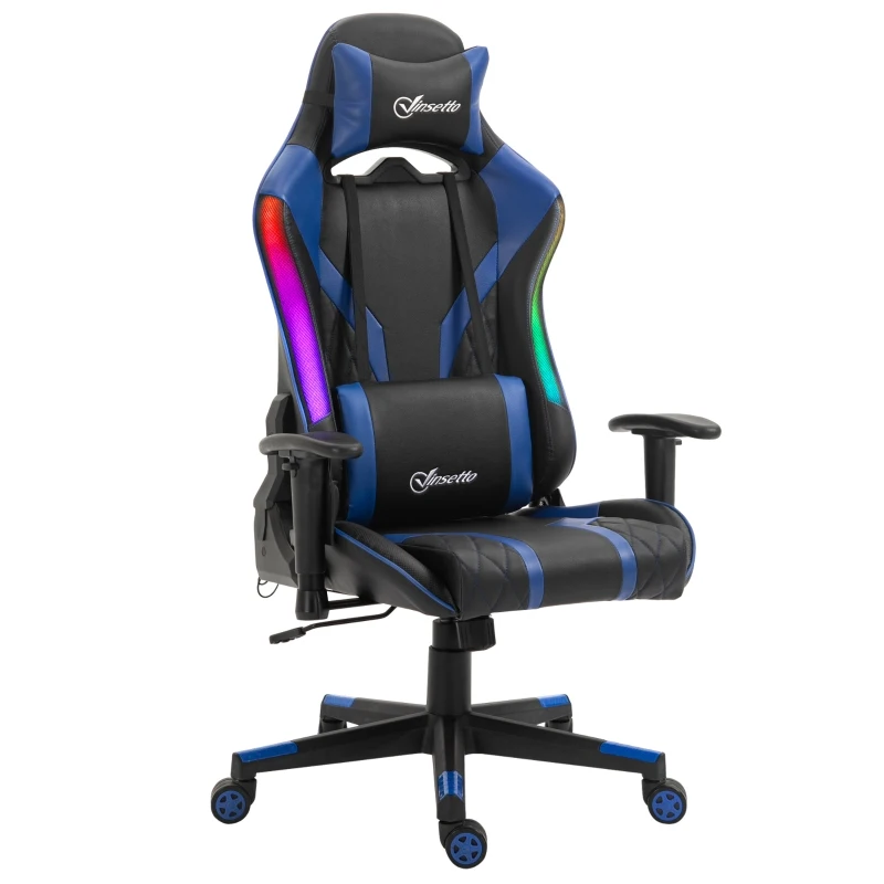 Vinsetto bureaustoel LED-gamingstoel ergonomische draaistoel met ligfunctie, leuning hefbaar schuim synthetisch leer nylon zwart + blauw 70 x 57,5 x 126-136 cm