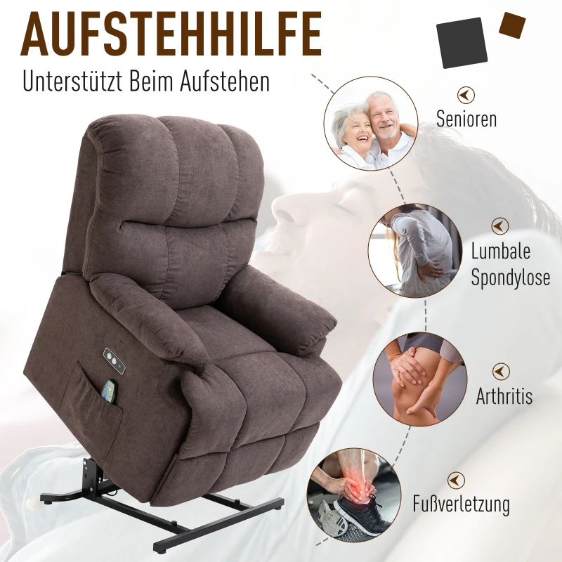 HOMCOM massagestoel opstahulp relaxstoel met verwarmingsfunctie verstelbaar USB-afstandsbediening kort pluche bruin 83 x 95 x 105 cm(m-4)