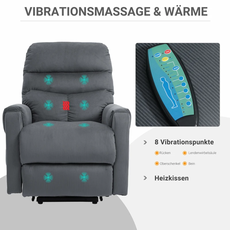 HOMCOM tv-stoel met massagefunctie opstahulp afstandsbediening, verwarming elektrisch ligfunctie polyester stof metaal donkergrijs 79 x 97 x 103 cm