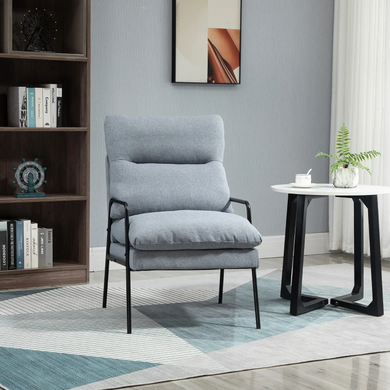 HOMCOM woonkamer stoel bureaustoel gestoffeerde stoel fauteuil eetkamerstoel met rugleuning schuim, linnenachtig polyester metaal grijs + zwart 61 x 76 x 96 cm
