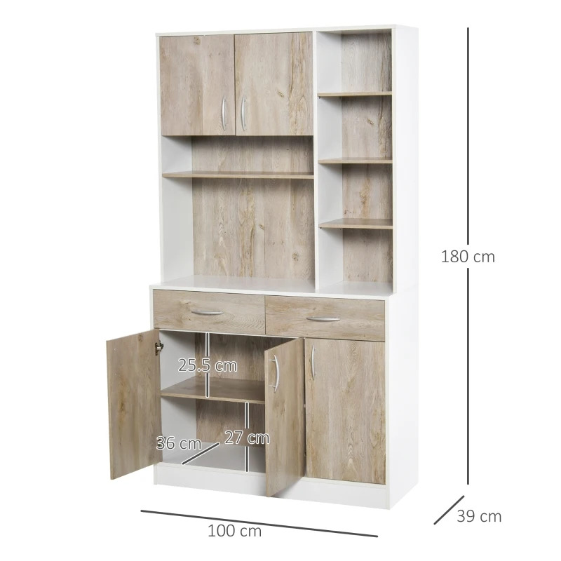 HOMCOM keukenkast met 4 verstelbare schappen open vakken magnetronschap hoge kast met lage opbergkast en 2 schuiflades commode spaanplaat metaal naturel hout + wit 100 x 39 x 180 cm
