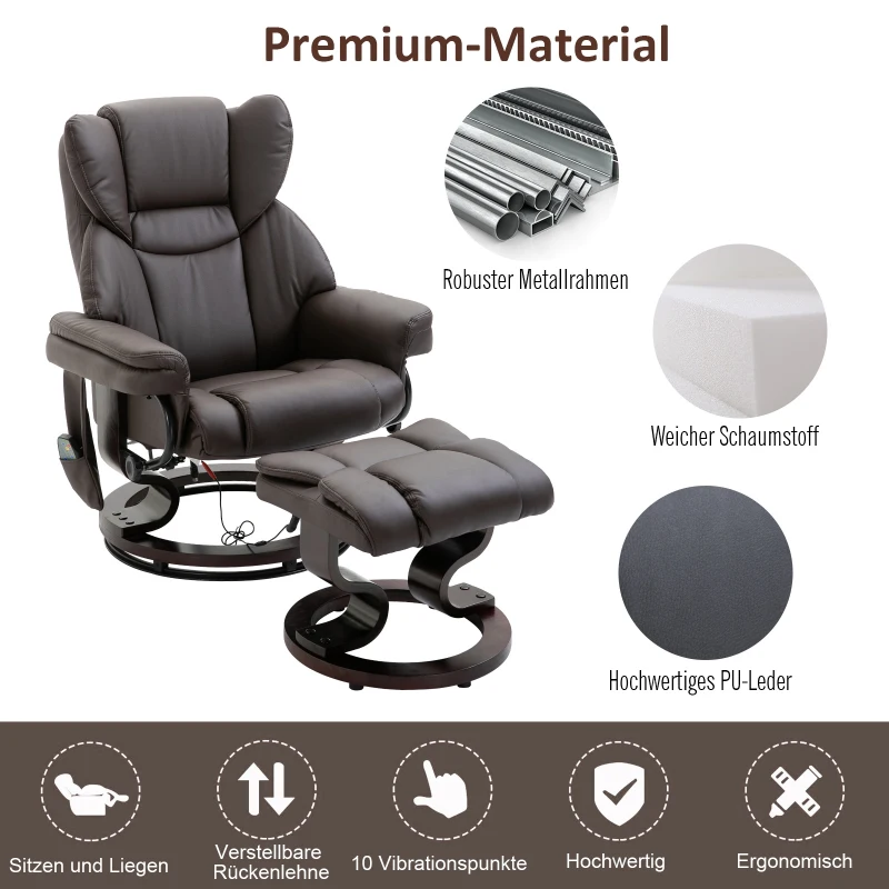 HOMCOM massagestoel met voetenbank relaxstoel kantelbaar tot 145° kunstleer bruin 79 x 82 x 101 cm(m-6)
