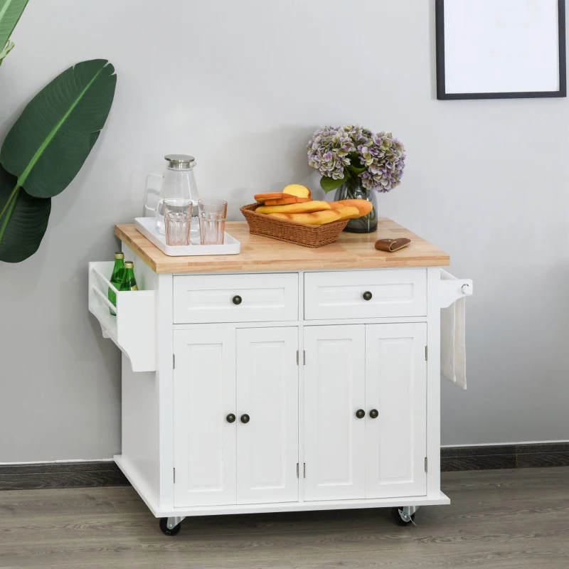 HOMCOM keukenkast keukenmeubel met zwenkwielen lade en verstelbare plank rubber hout MDF spaanplaat wit 111 x 44,5 x 82,5 cm