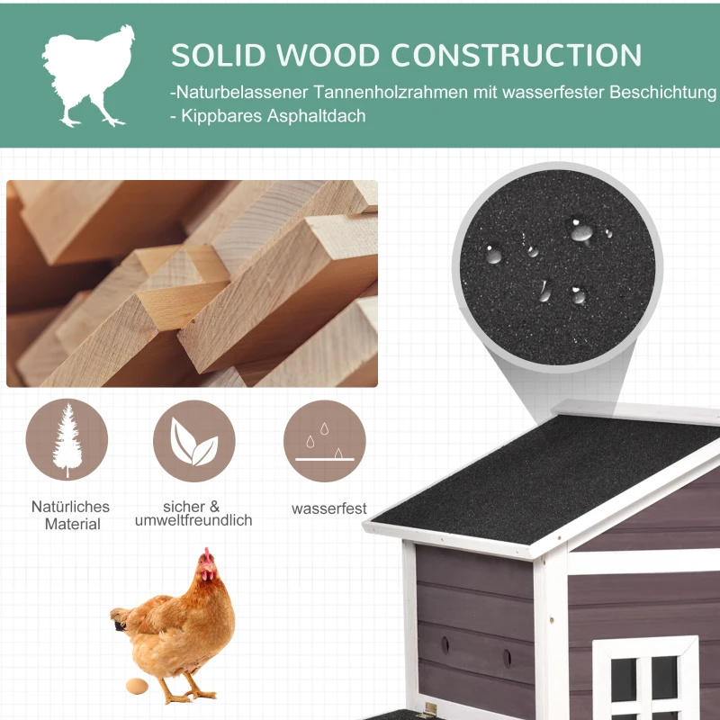 PawHut kippenhok met uitloop nestkast kippenhok pluimveestal met stang massief hout donkerrood 200 x 73,5 x 130 cm