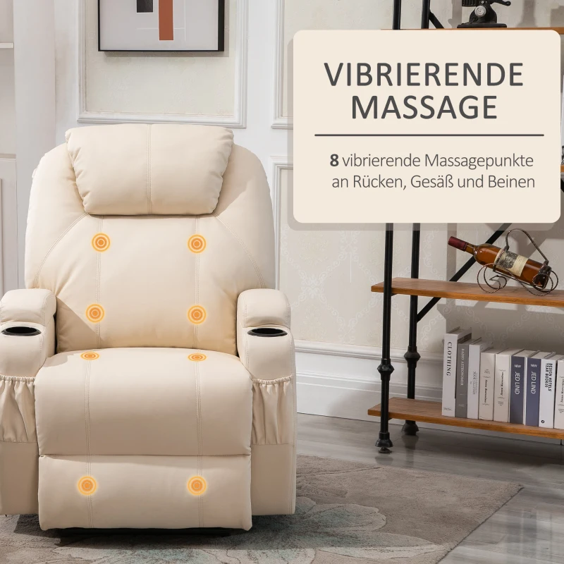 HOMCOM massagestoel, relaxstoel, tv-stoel, massagefunctie, ligfunctie, kunstleer hout metaal schuimstof, beige, 82 x 97 x 110 cm(m-5)