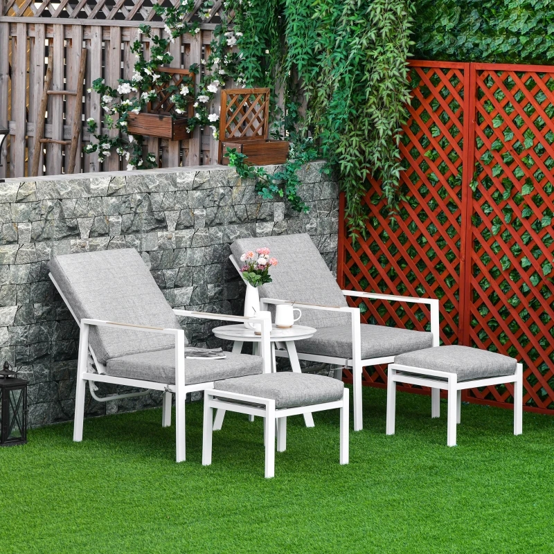 Outsunny 5-delige tuinmeubelset met rugkussens zitkussens balkonmeubel met 3-traps verstelbare rugleuning gehard glas aluminium stof schuimstof grenenhout grijs + wit 61 x 82 x 90 cm