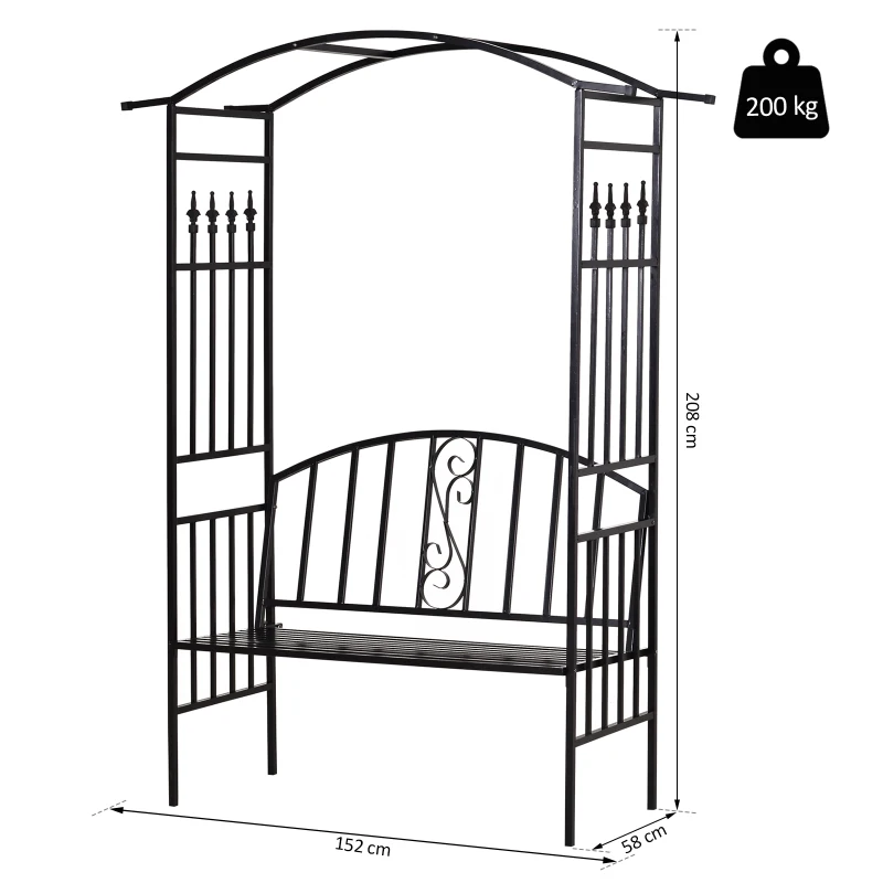 Outsunny plantenboog met bank zitbank boog trellis rooster tuin gewelfd dak metaal zwart 152 x 58 x 207 cm