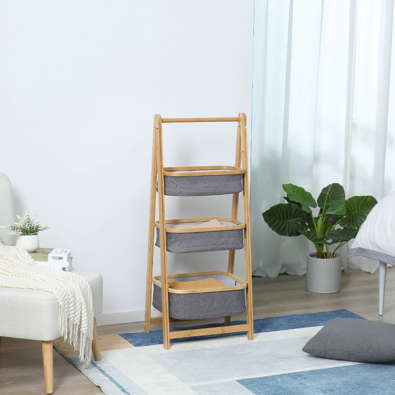 HOMCOM staande plank opbergplank boekenplank bamboe plank 3-laags kantoorplank keukenplank opvouwbaar voor de woonkamer keuken badkamer kantoor bamboe naturel + donkergrijs 45 x 31,5 x 108 cm