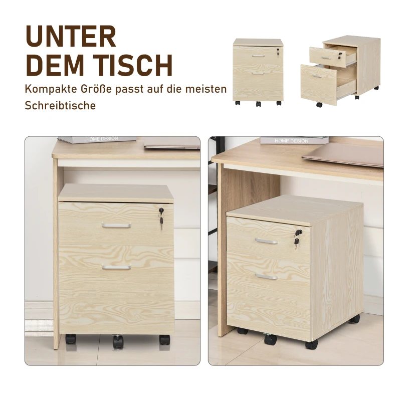 Vinsetto ladeblok archiefkast kantoorcontainer met 2 lades 2 sleutels kantoorkast opbergruimte, ladeblok 5 universele wielen spaanplaat naturel 40 x 44 x 54,6 cm