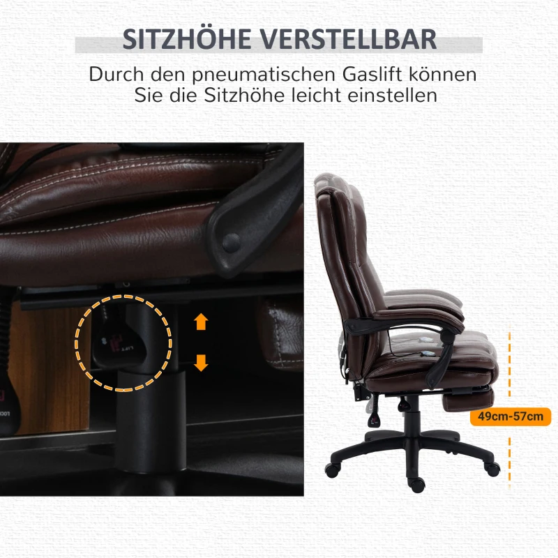 Vinsetto bureaustoel stoel directiestoel draaibare stoel met massagefunctie ligfunctie kunstleer schuimstof PP kunststof nylon bruin 68,5 x 68,5 x 119-127 cm(m-5)