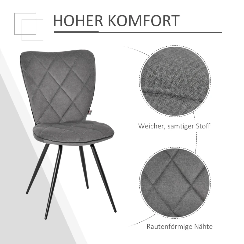 HOMCOM set van 2 eetkamerstoelen keukenstoel gestoffeerde stoel met rugleuning flanel schuimstof staal grijs + zwart 47 x 62 x 91 cm