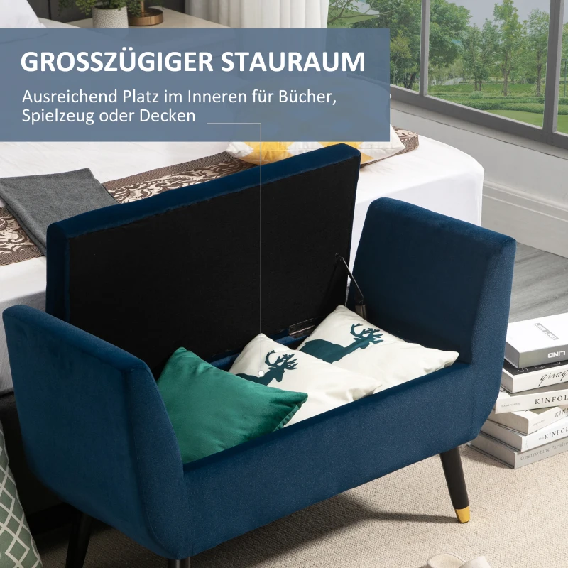 HOMCOM luxe bank gestoffeerde bank met opbergruimte armleuningen bank fluweelzacht polyester rubber hout blauw 107 x 42 x 65 cm
