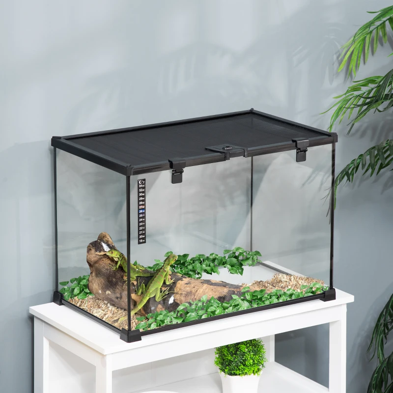 PawHut terrarium voor reptielen glazen terrarium amfibieën spinachtigen met thermometer reptielenkweekbak metaal zwart 50 x 30 x 35 cm