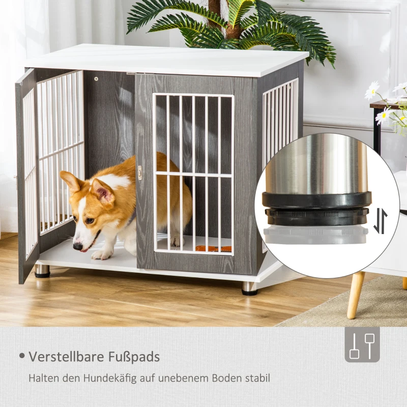 PawHut 2 in 1 design hondenbench hondenhok hondentransportbox opvouwbare bijzettafel hondenhok met raam huisdier verstelbare voetsteunen spaanplaat grijs + wit 85 x 55 x 75 cm(m-6)