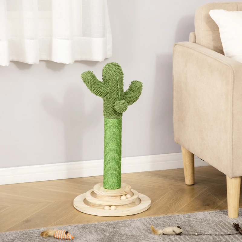 PawHut katten krabpaal cactus kattenboom grenenhout sisaltouw krabpaal met houten ballen speelgoed voor katten 60 cm hoog groen + naturel