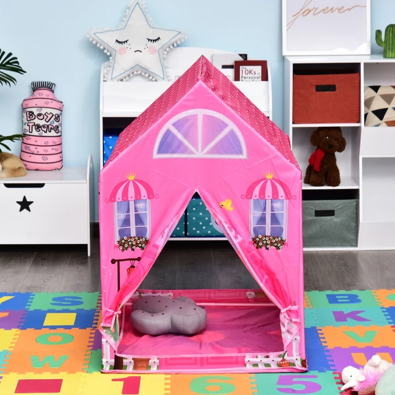 HOMCOM Girls Kids Pink Tent Play Princess House patterned Foldable with Easy Setup Doors Gift