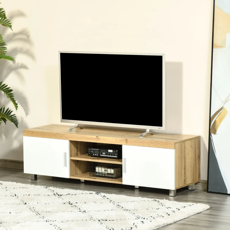 HOMCOM TV-tafel TV-meubel TV-bord TV-meubel TV-meubel TV-ladekast voor TV's tot 63 inch 2 planken en kabelgaten MDF eiken + wit 140 x 40 x 41,5 cm