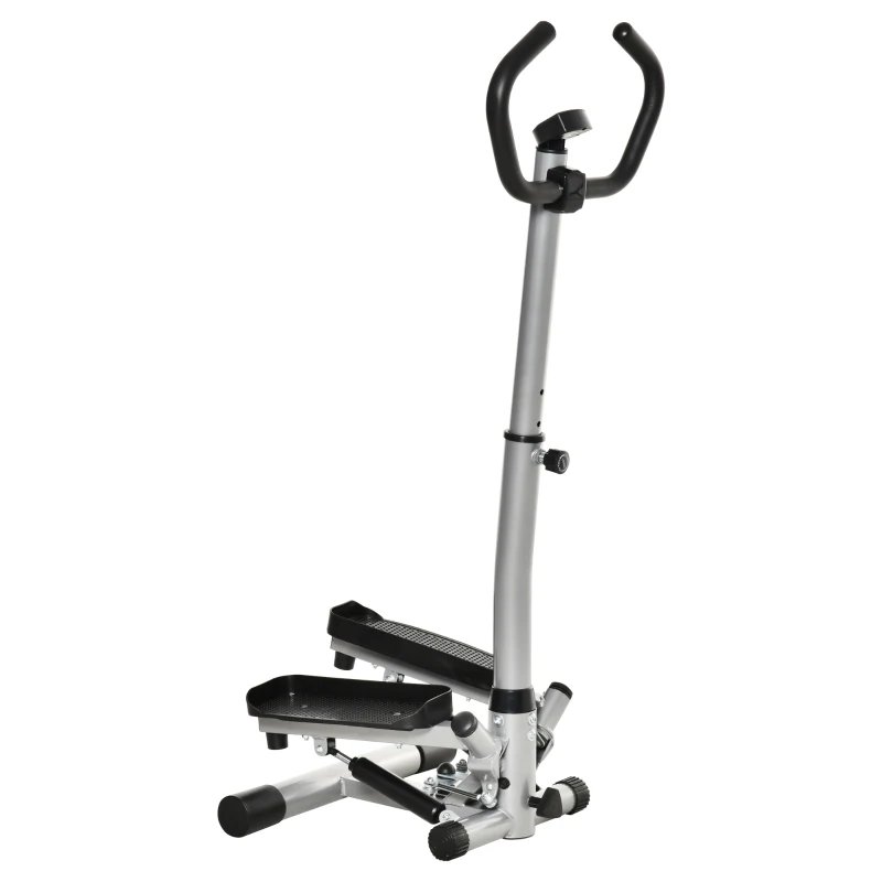 HOMCOM stepper met handvat fitness hometrainer voor thuis, klein fitnessapparaat voor been- en bodemtraining met LCD-scherm, instelbare snelheid Metaal ABS Zwart + Zilver 55 x 53 x 118-128 cm