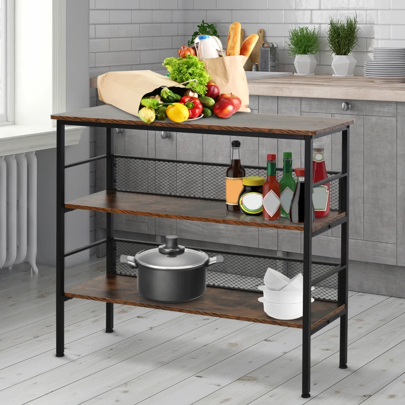 HOMCOM 3-Tier Industrial Style Storage Display Shelf Metal Frame Adjustable Feet Back Panels Smooth Surface Home Office Stylish Black Brown