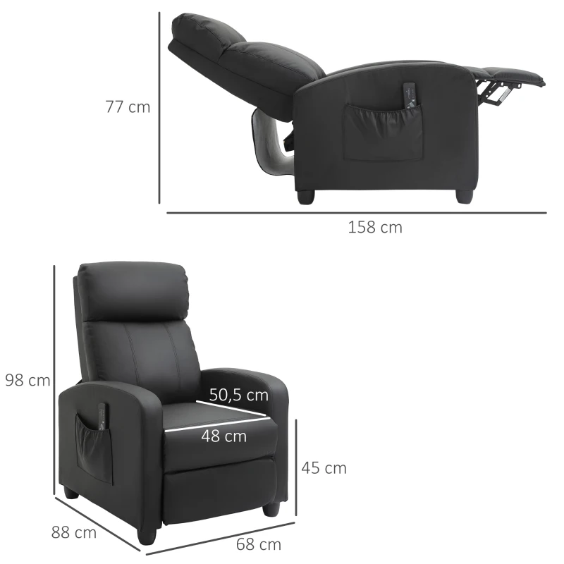 HOMCOM massagestoel relaxstoel TV-stoel massagefunctie ligfunctie rugleuning met rugleuning 2-punts massage kunstleer schuim PP kunststof zwart 68 x 88 x 98 cm